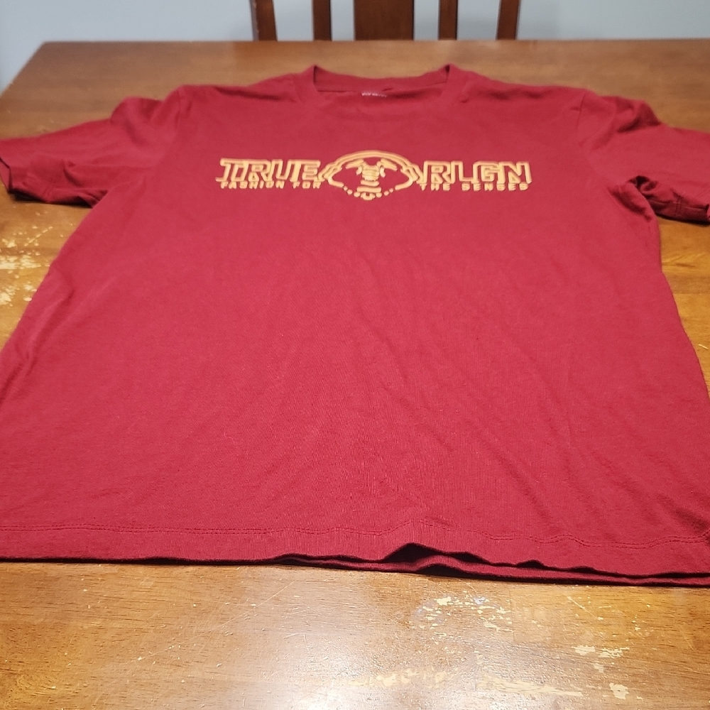 True Religion Men's Burgundy Tee with Gold Logo